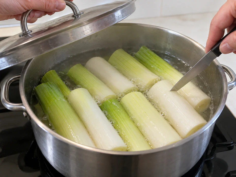 Lange Lauchstücke sanft pochieren
