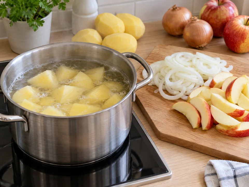 Kartoffeln weich kochen; Zwiebeln und Äpfel schneiden.