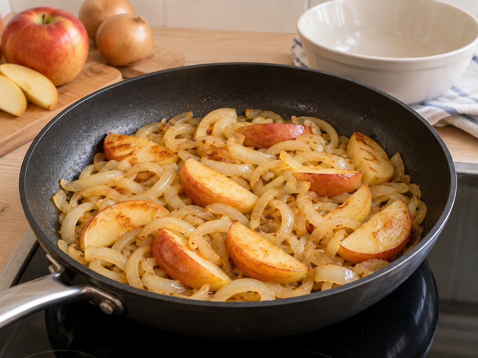 Zwiebelringe und Apfelspalten goldgelb braten.