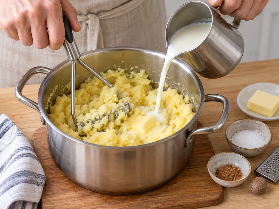 Heiße Milch und Butter unter die gestampften Kartoffeln rühren.