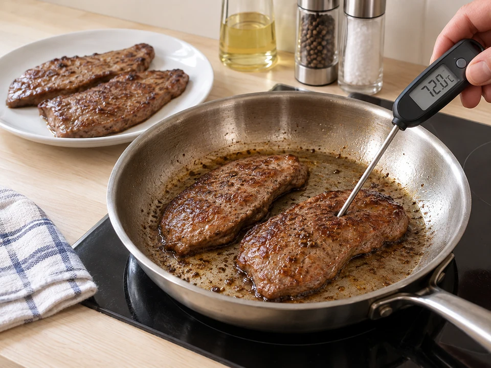 Die Leber braten und die Kerntemperatur kontrollieren.