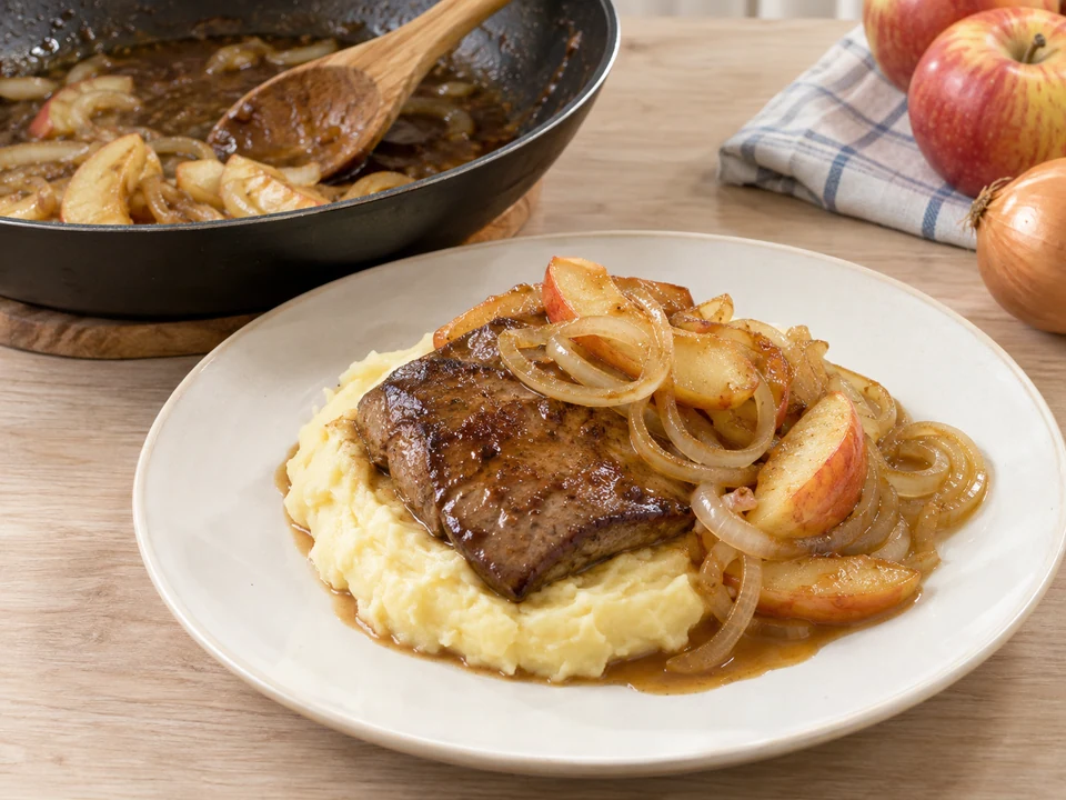 Leber mit Püree, Apfel, Zwiebeln und etwas Bratensaft servieren.