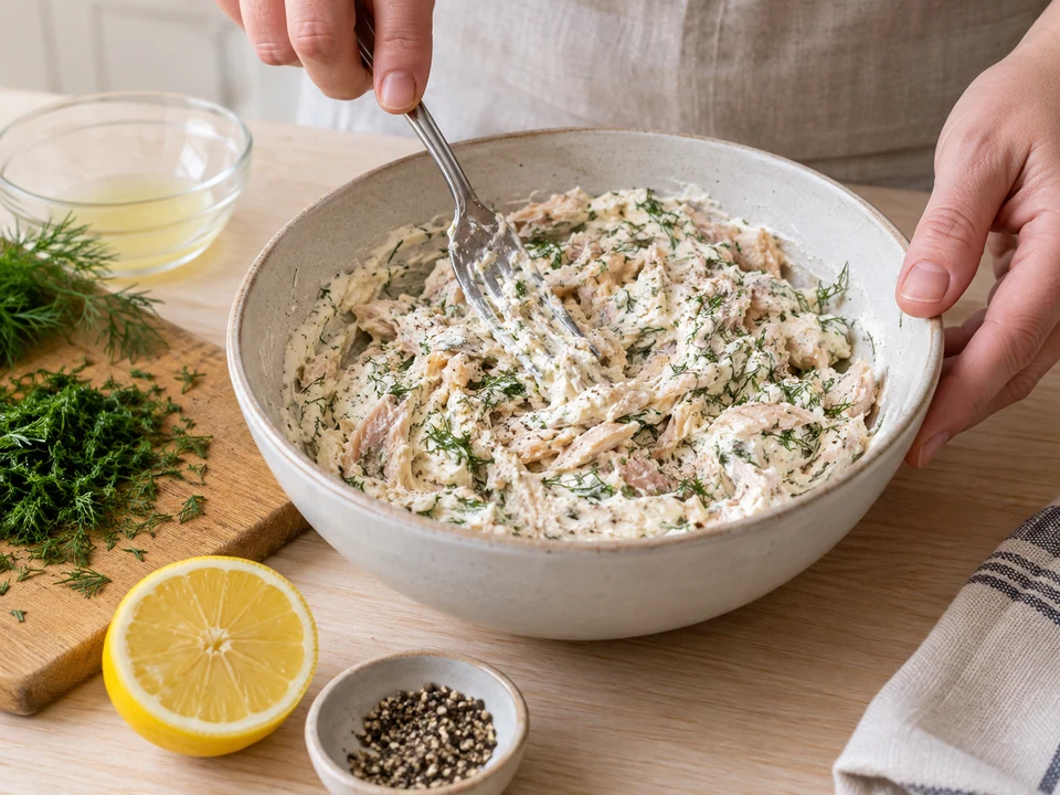 Fischflocken mit Frischkäse und Dill vermengen