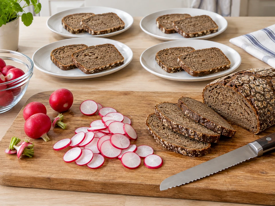 Roggenbrot und frische Radieschen schneiden
