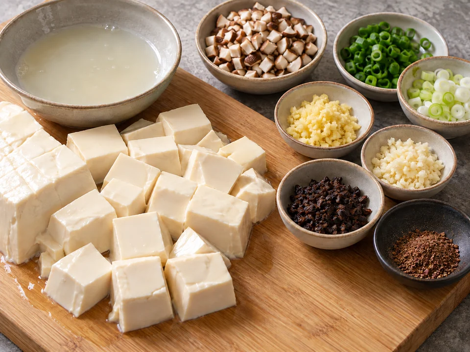 Weichen Tofu und Aromaten vorbereiten