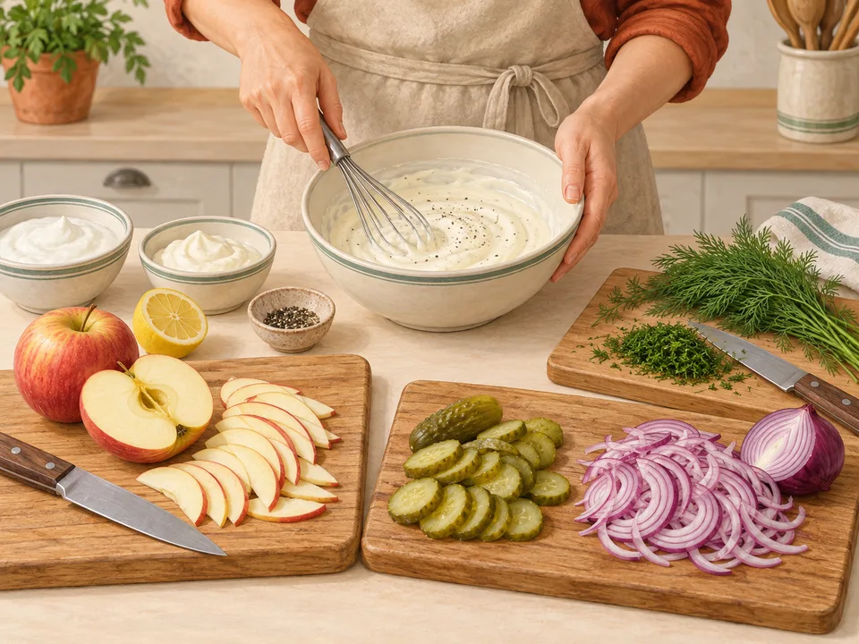 Apfel, Gurken und Zwiebel schneiden und die Sauce anrühren.