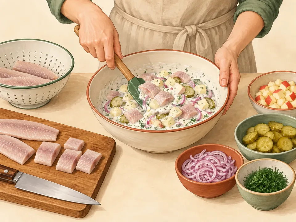 Hautlose Matjesstücke vorsichtig mit der Sauce vermischen.