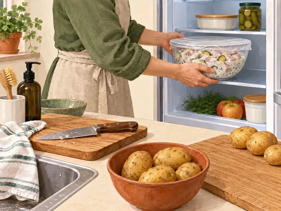 Den abgedeckten Matjessalat in den Kühlschrank stellen.