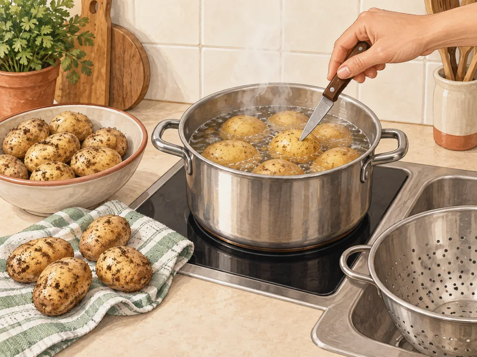 Ungeschälte Kartoffeln im Topf kochen.