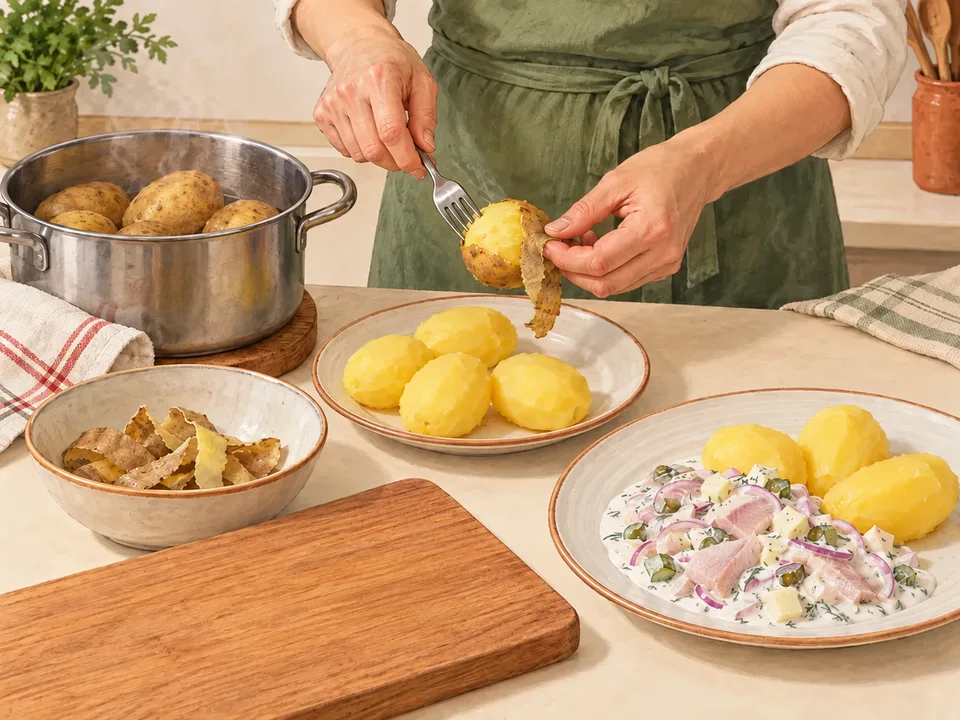 Die gekochten Kartoffeln pellen und neben dem Matjessalat anrichten.