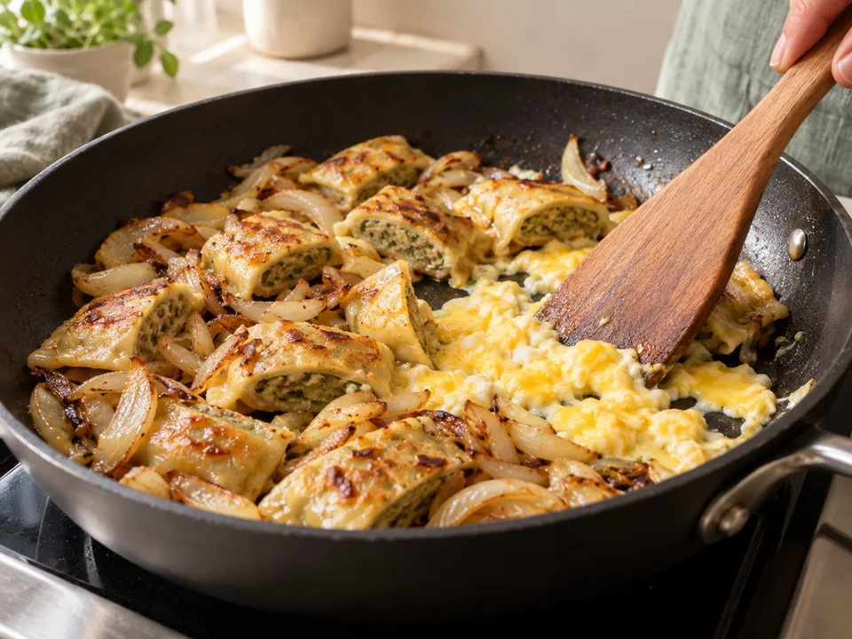 Die Eier bei mäßiger Hitze behutsam zwischen den Maultaschen stocken lassen, bis keine rohe Eiflüssigkeit mehr bleibt.