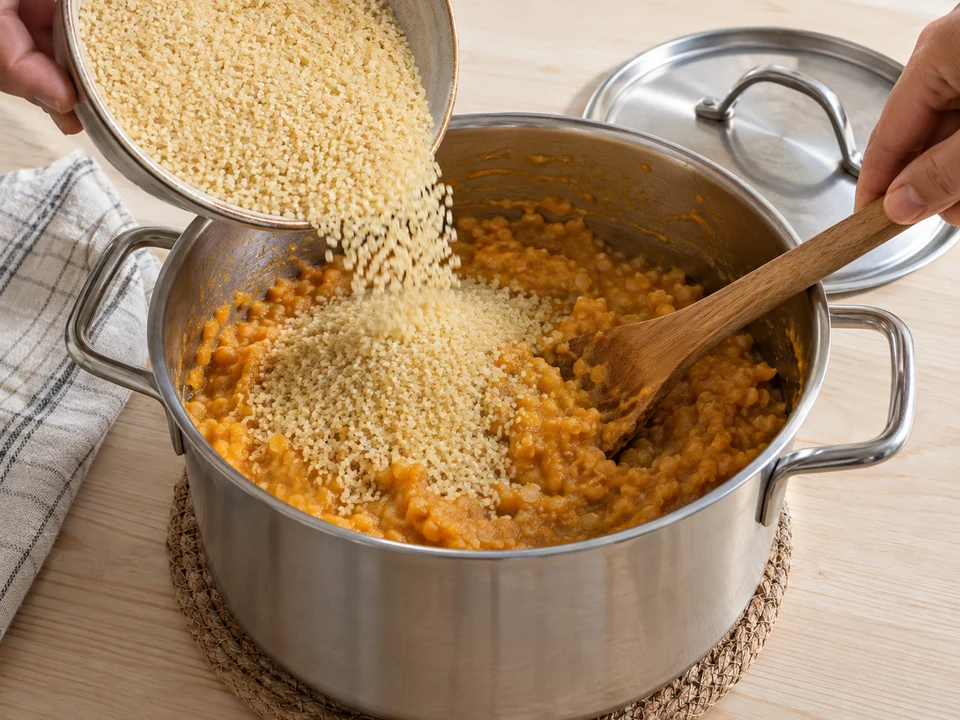 Feinen Bulgur im heißen Linsenbrei quellen lassen