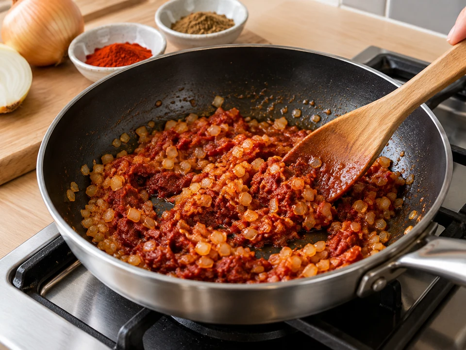 Zwiebel und Tomatenmark für die Würze anschwitzen