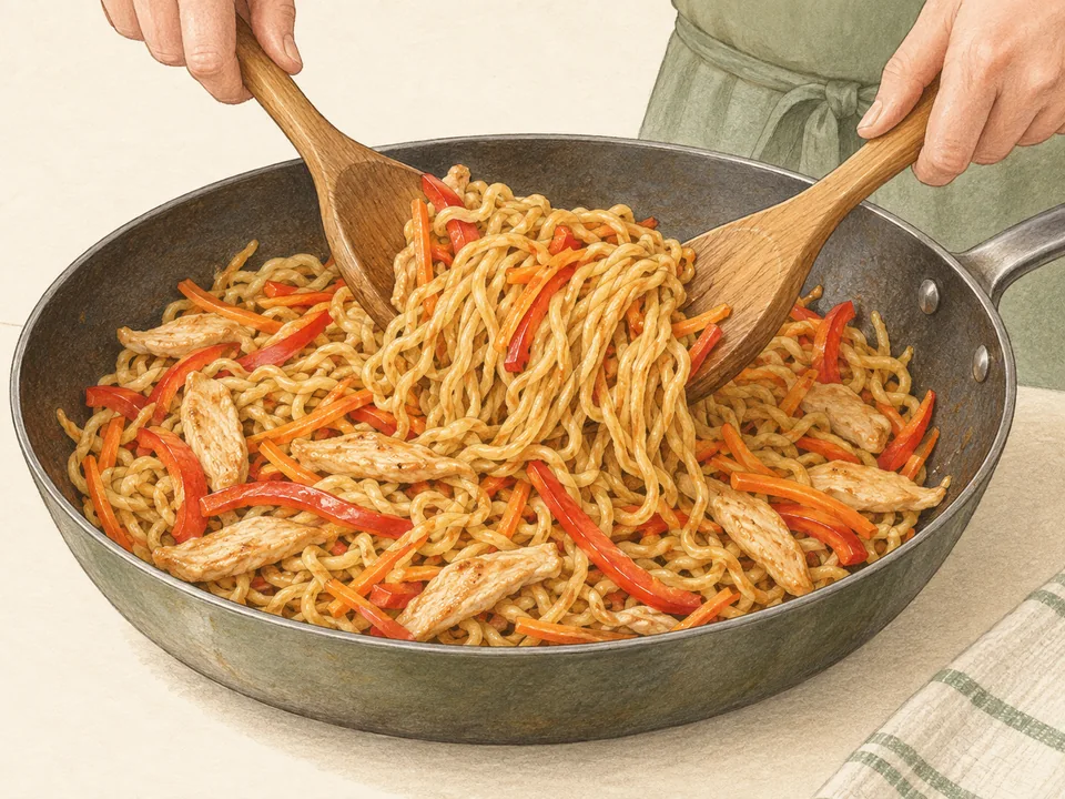 Abgetropfte Nudeln mit Gemüse und Sauce gründlich durchheben, statt sie in zusätzlicher Flüssigkeit zu kochen.