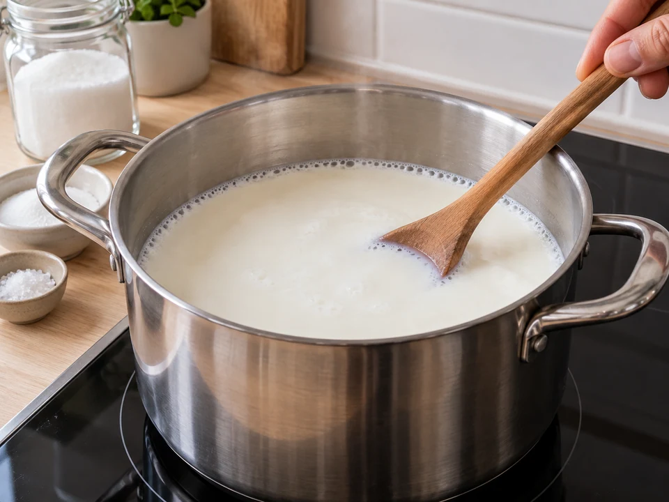 Milch mit Zucker und Salz vorsichtig erhitzen.