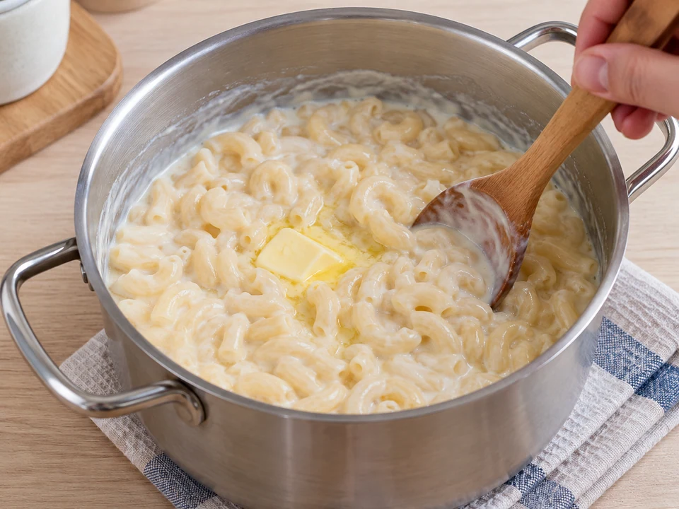 Butter einrühren und die Milch cremig nachziehen lassen.