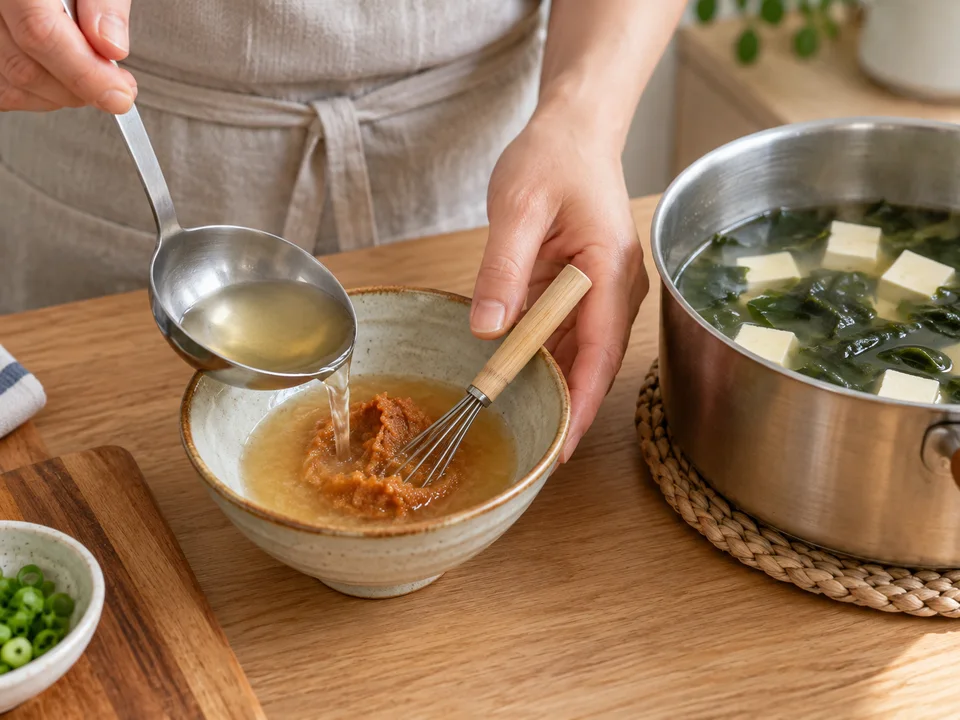 Miso zuerst mit etwas heißer Brühe lösen und erst dann unter die Suppe rühren.