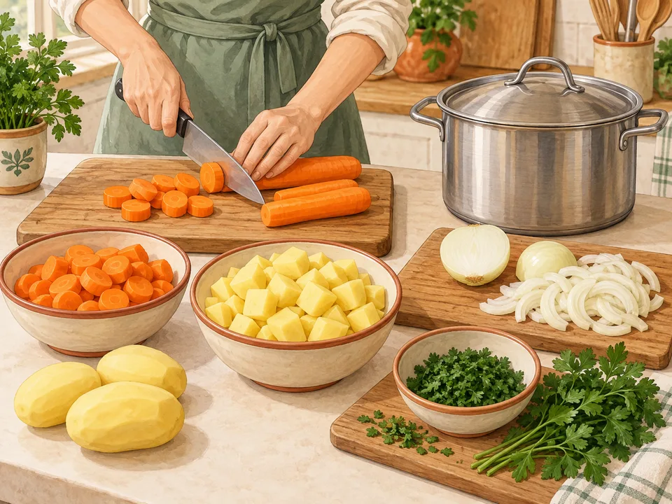 Möhren, Kartoffeln und Zwiebeln schneiden.