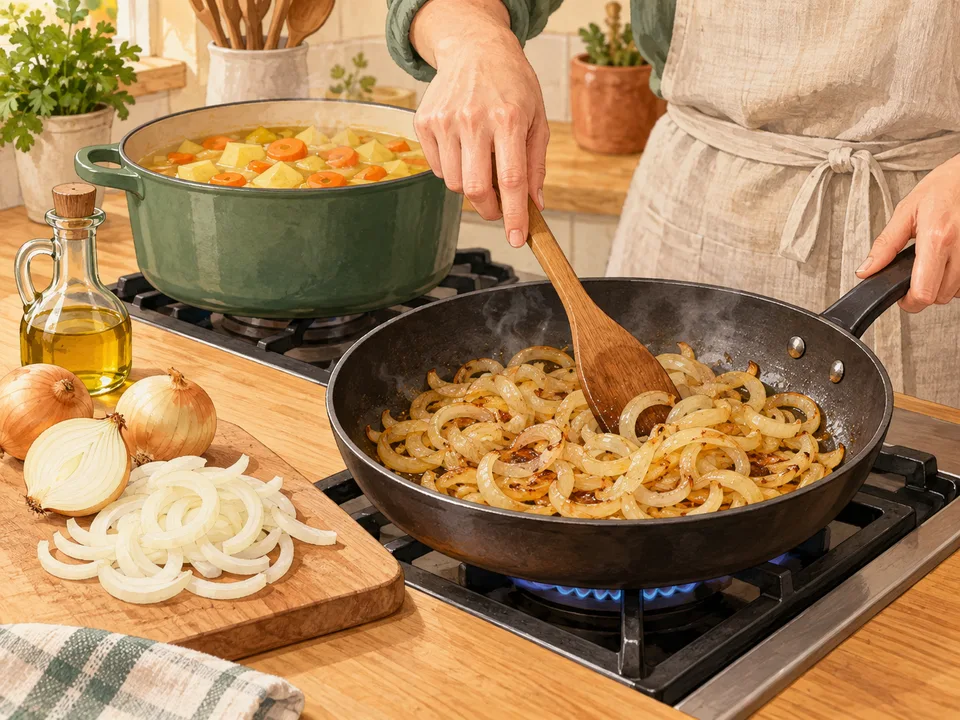 Die Zwiebeln in einer Pfanne langsam bräunen.