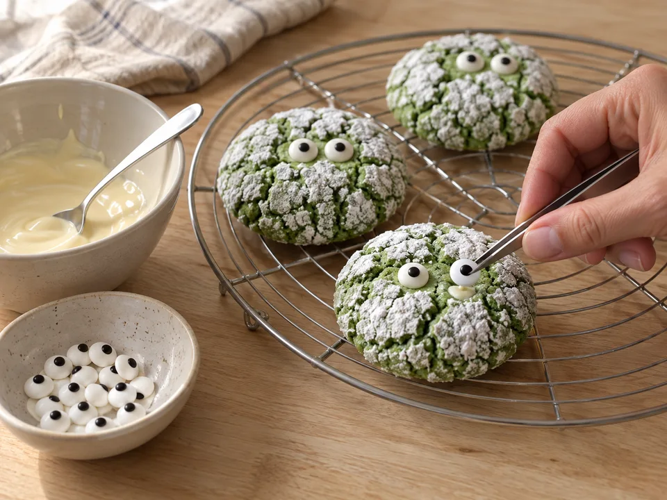 Auf den kalten Crinkle-Cookies zwei kleine Stellen freilegen und die Zuckeraugen mit weißer Schokolade befestigen.