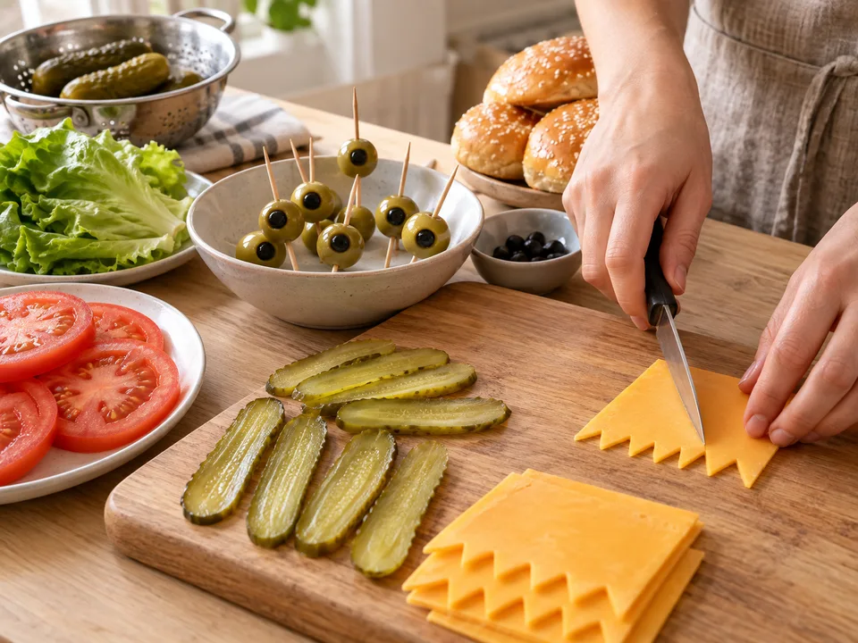 Käsezacken, Gurkenzungen und Olivenaugen vor dem Braten auf einem sauberen Brett vorbereiten.
