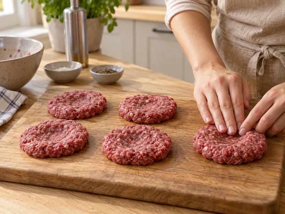 Sechs flache Patties mit leichter Mulde in der Mitte formen und rohes Fleisch getrennt verarbeiten.