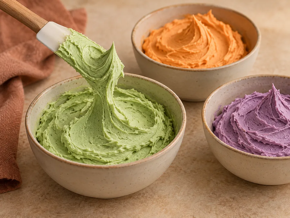 Standfeste Buttercreme in drei Schälchen grün, orange und violett einfärben.