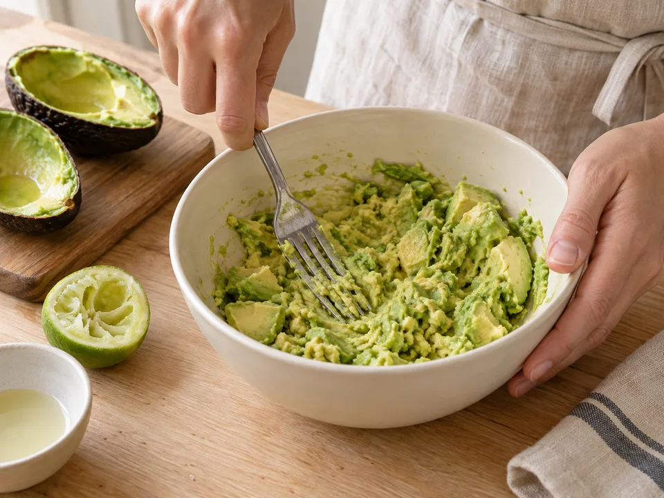 Avocado sofort mit Limettensaft grob zerdrücken; kleine Stückchen dürfen bleiben.