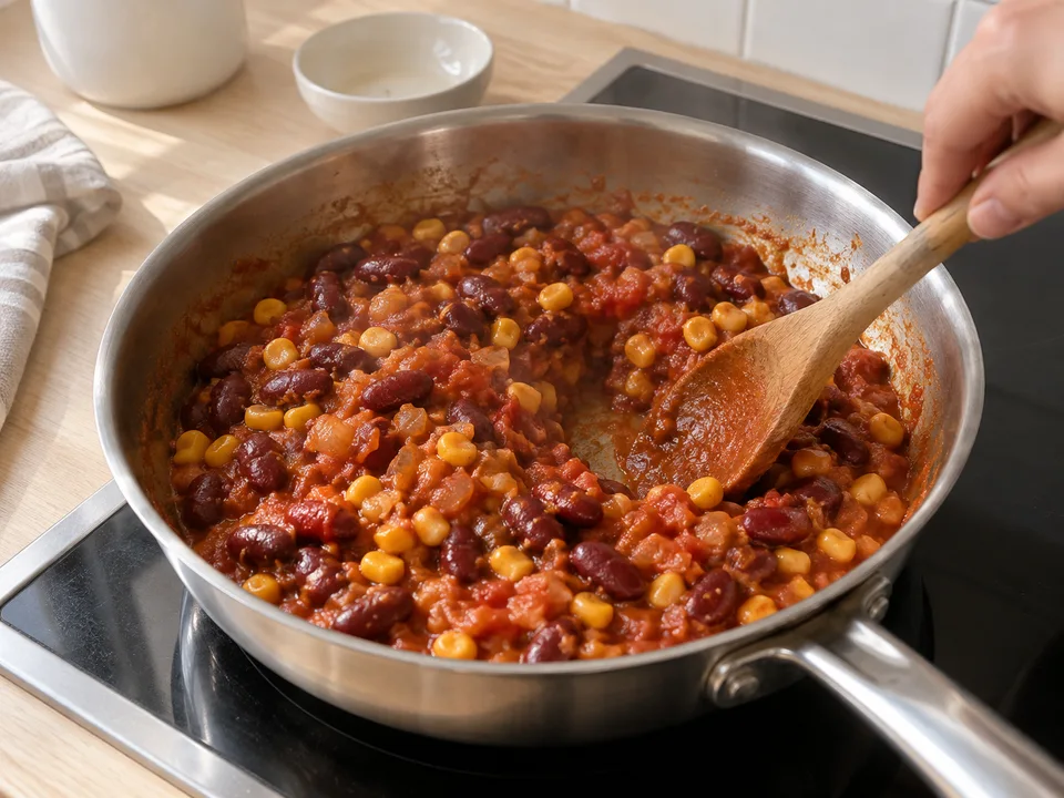 Bohnen, Mais und Tomaten offen köcheln, bis die Füllung dick und nicht mehr wässrig ist.
