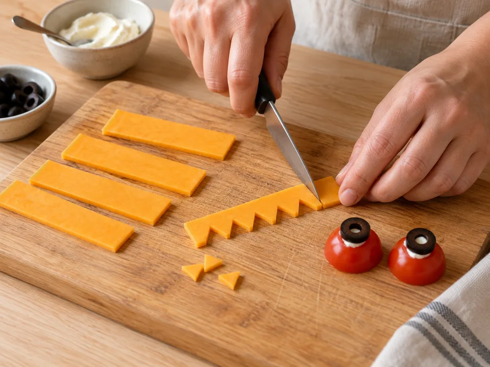 Käsestreifen an einer Seite zackig schneiden und Olivenringe mit Frischkäse auf Tomatenhälften kleben.