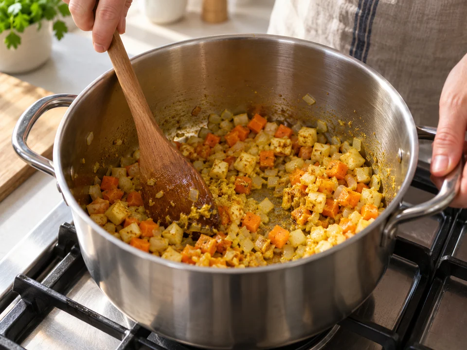 Gemüse und Curry anschwitzen