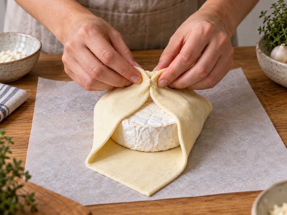 Den ausgepackten Camembert mit dem Teig umschließen und die Ränder dicht zusammendrücken.
