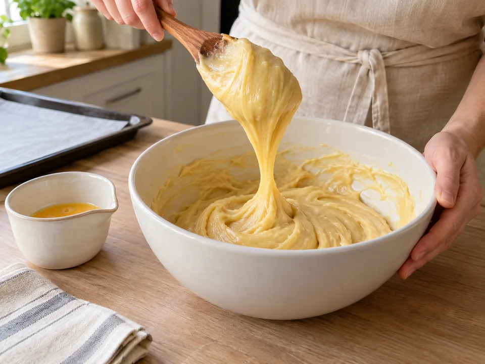 Eier portionsweise einarbeiten, bis der glänzende Teig schwer V-förmig vom Löffel fällt.