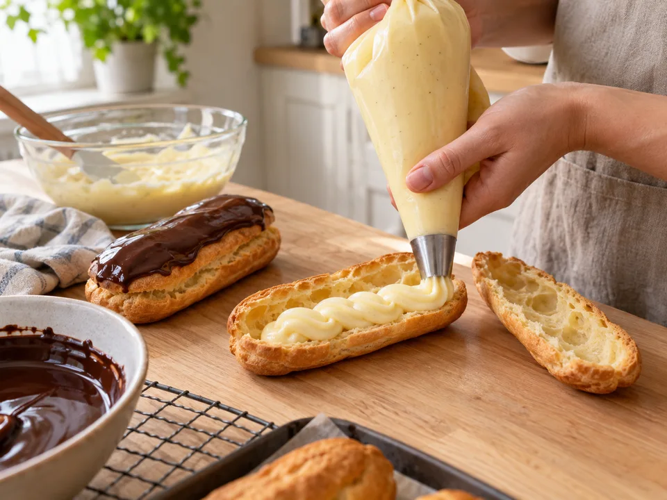 Die kalten Éclairs aufschneiden, Vanillecreme einfüllen und anschließend wieder zusammensetzen.