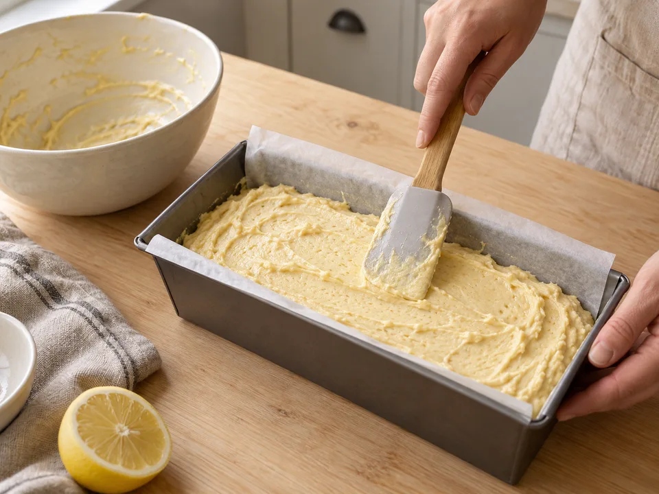 Den Rührteig in der ausgelegten Kastenform verteilen und die Oberfläche vor dem Backen glatt streichen.