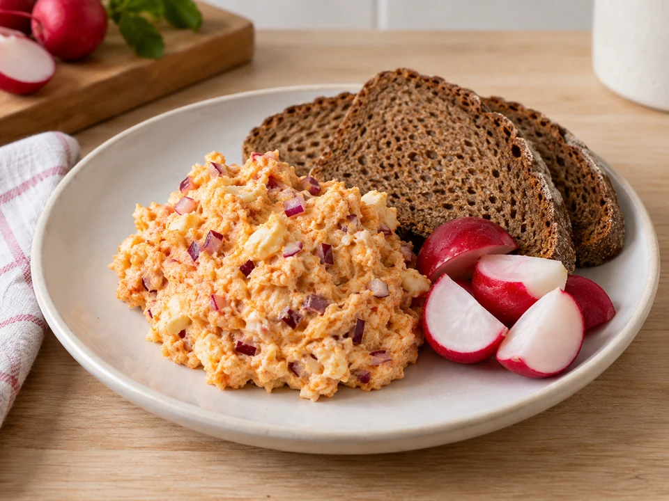 Obazda mit Roggenbrot und Radieschen anrichten.