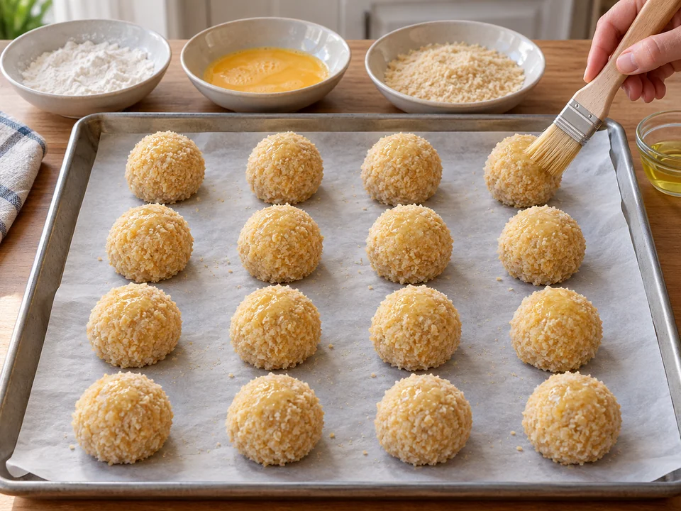 Bällchen panieren und Öl aufteilen