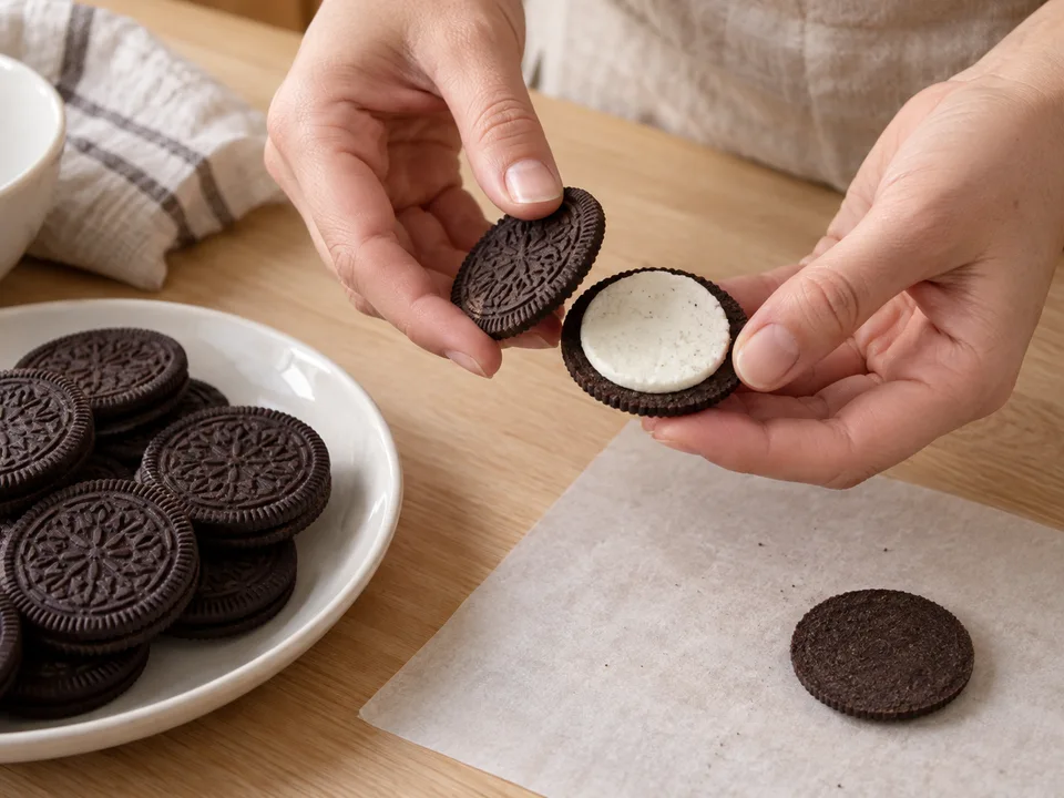 Die Doppelkekse behutsam aufdrehen, damit die Creme möglichst auf einer Hälfte bleibt.