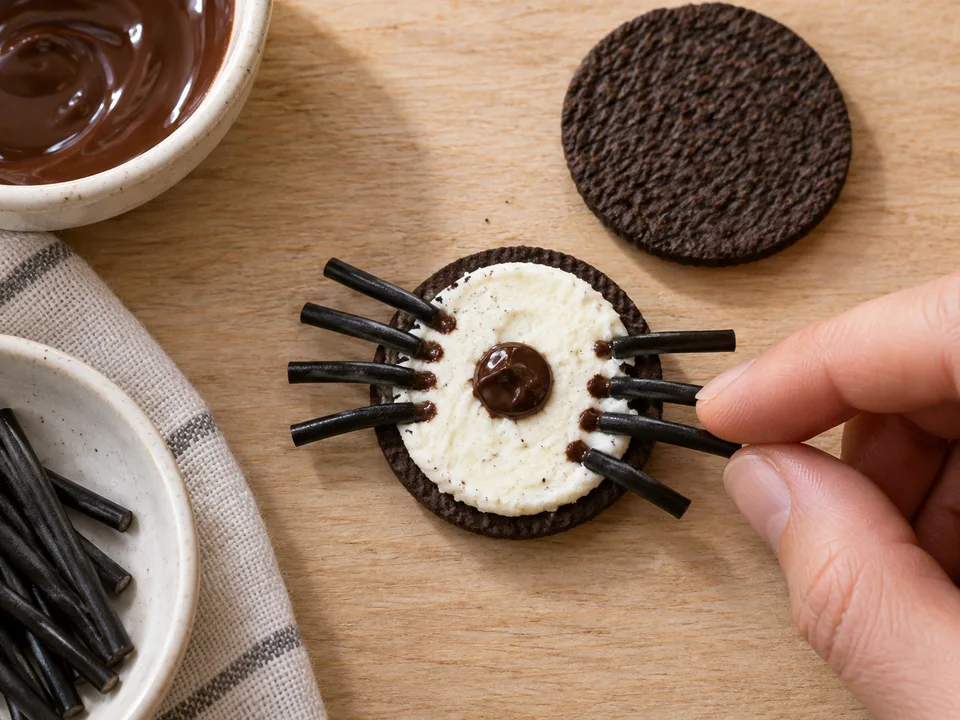 Je vier kurze Lakritzstücke links und rechts in Creme und etwas Schokolade drücken.