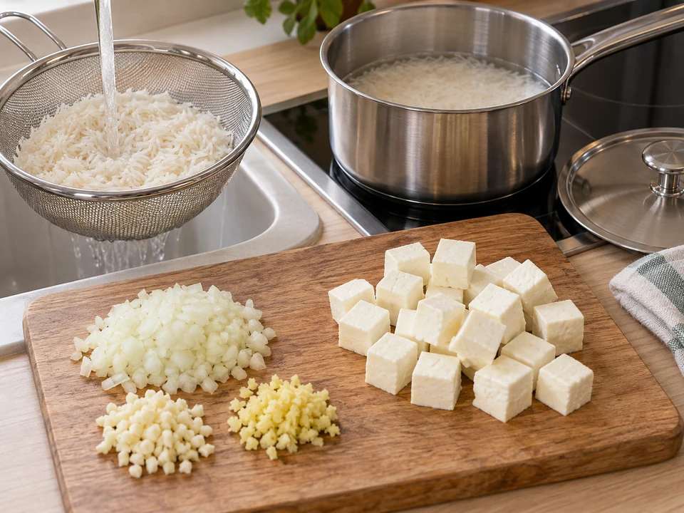 Paneer würfeln und Basmatireis aufsetzen