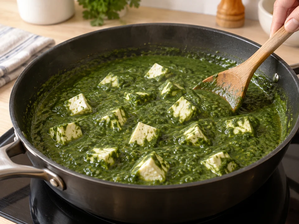 Paneerwürfel behutsam in der Spinatsauce erwärmen