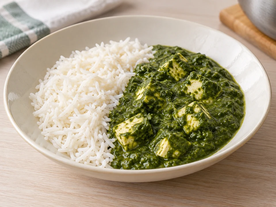 Palak Paneer neben Basmatireis anrichten