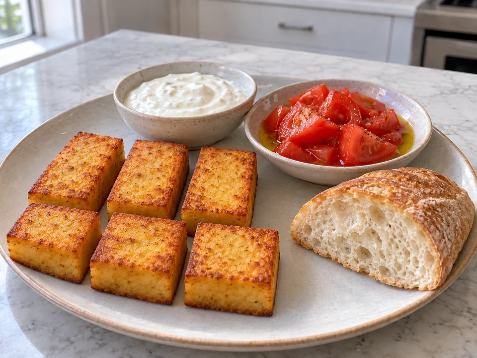 Mit Dip, Tomaten und Brot servieren