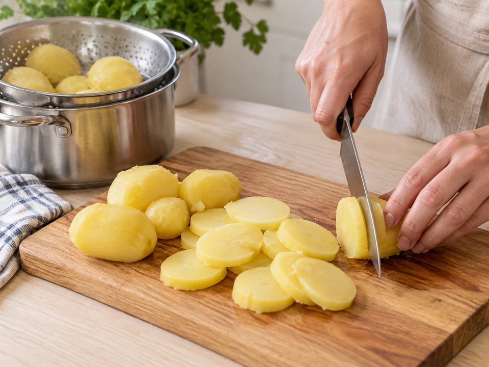 Die gegarten Kartoffeln noch warm in Scheiben schneiden.