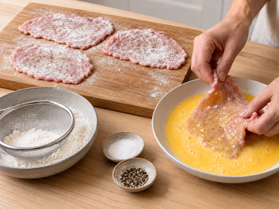 Die flachen Schnitzel nur mit Mehl und Ei umhüllen.