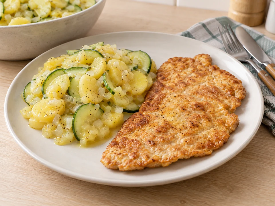 Frisch gebratene Schnitzel mit dem Kartoffel-Gurkensalat servieren.