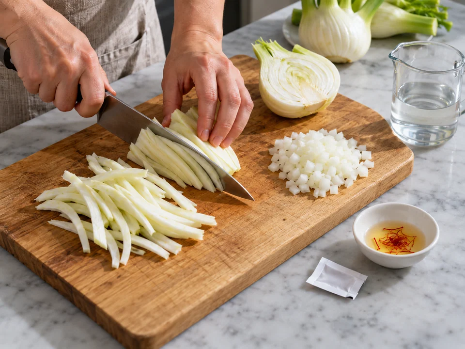 Fenchel schneiden und Safran einweichen