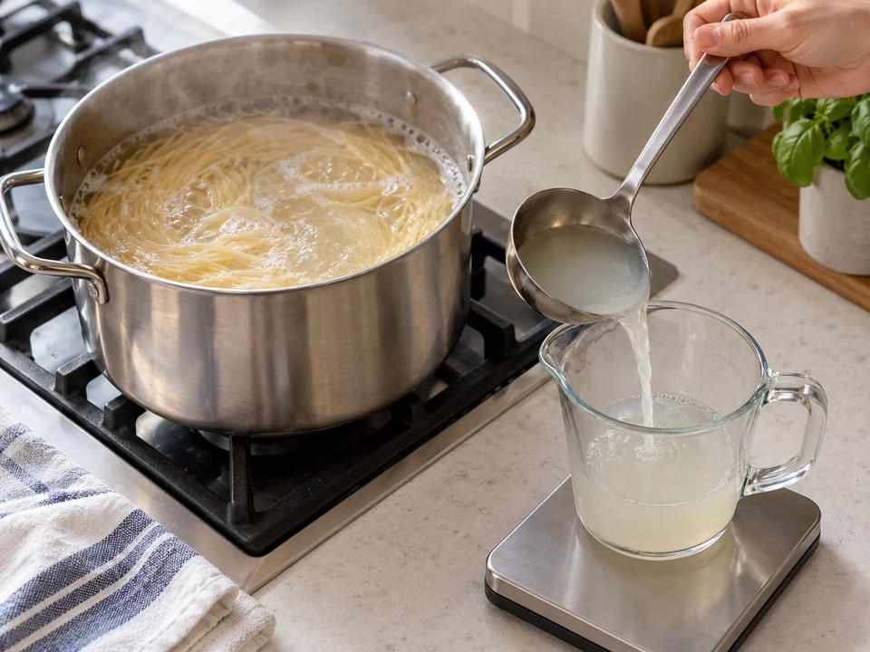 Spaghetti kochen und Wasser abnehmen