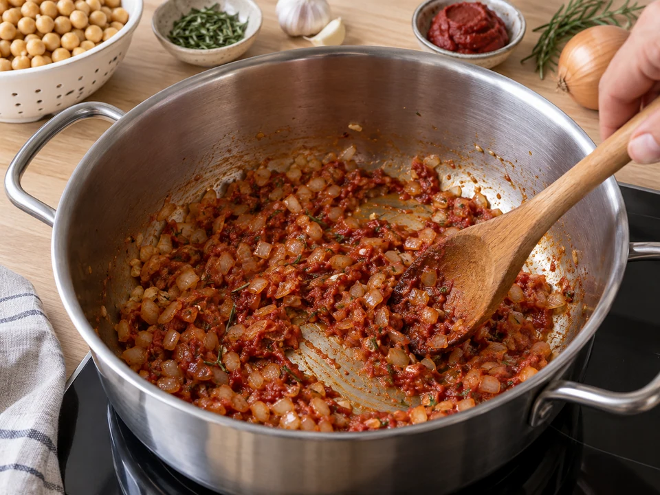 Tomatenmark mit Zwiebel und Rosmarin anschwitzen