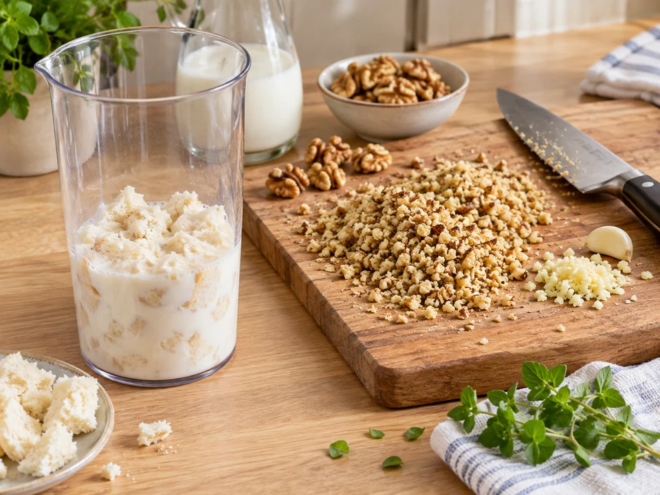 Brot in Milch weich werden lassen und Nüsse hacken